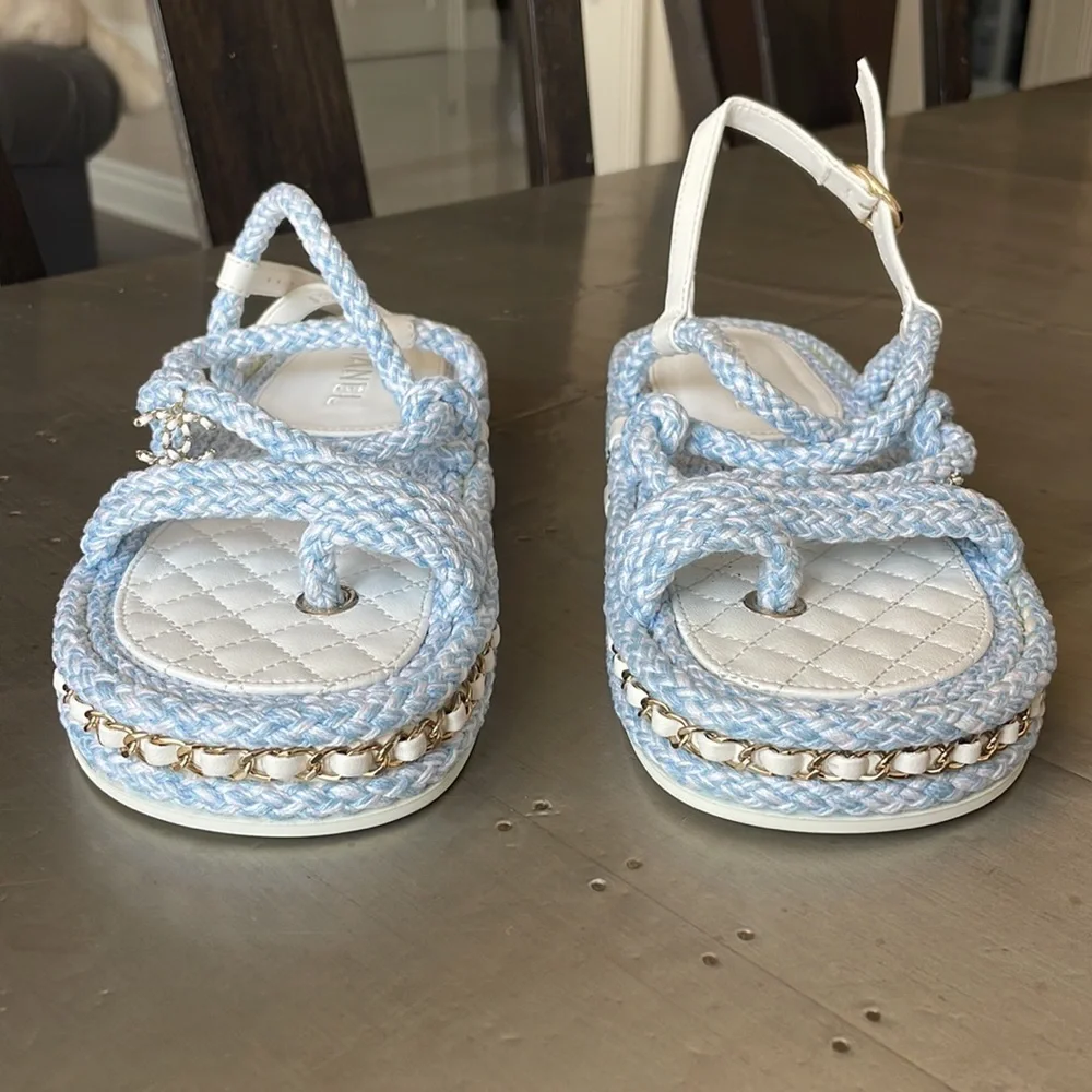 Chanel cord blue white chain charm sandal rope flats sz 39 with box $1425 - Picture 2 of 10